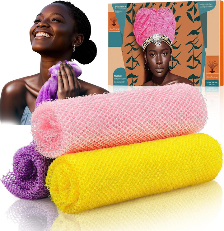 4 Pieces African Net Sponge – Premium African Net Sponge for Deep Exfoliation Quick-Dry and Reusable Mesh for Smooth Skin（Yellow Pink Purple Blue）