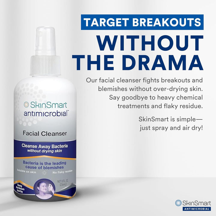 Skinsmart Facial Cleanser for Breakouts, Targets Bacteria for Post-Workout Pimples, Blemishes and Sweat Irritation; 8 Oz Spray, Safe for All Ages: Adults and Teens