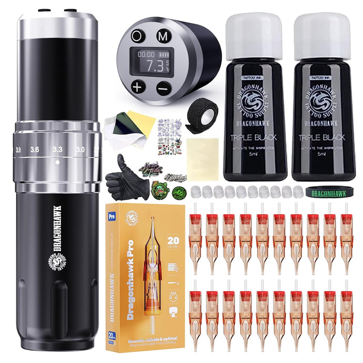 Wireless Tattoo Gun Kit, Rotary Tattoo Machine Pen with 2 Batteries Power Supply, 20 Count Extra Smooth Needles Cartridges, Adjustable 7 Strokes Length for Beginners