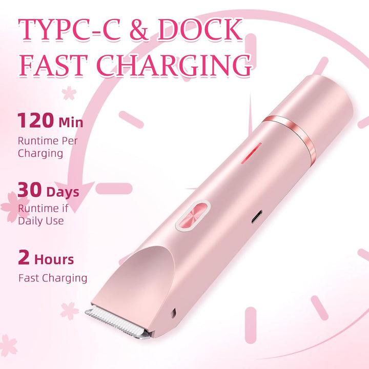 Bikini Trimmer for Women, 2 in 1 Electric Razors for Women, Dermave Bikini Shaver, IPX7 Waterproof & Easy Cleaning, Ceramic Blade, 120 Min Cordless Runtime, Ultra Low Silent (Pink).