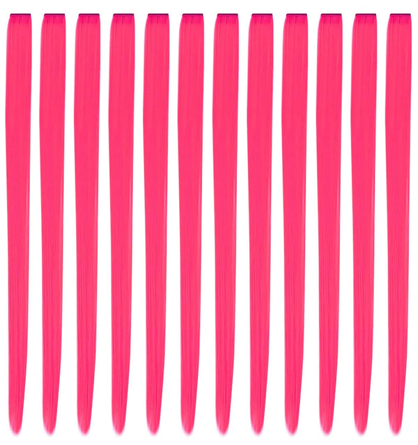 12 Pcs Clip in Hair Extensions, 22 Inch Colored Hair Extensions Party Highlights Long Straight Synthetic Hairpieces for Women Kids Girls (Hot Pink)