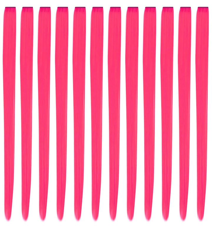 12 Pcs Clip in Hair Extensions, 22 Inch Colored Hair Extensions Party Highlights Long Straight Synthetic Hairpieces for Women Kids Girls (Hot Pink)