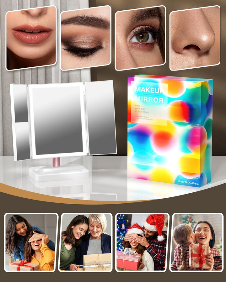 For Mom Makeup Mirror Vanity Mirror with Lights, 14.4" L X 9.1" W Rechargeable Lighted Mirror with 1X 2X, 3X, Magnification, Tap to Glow