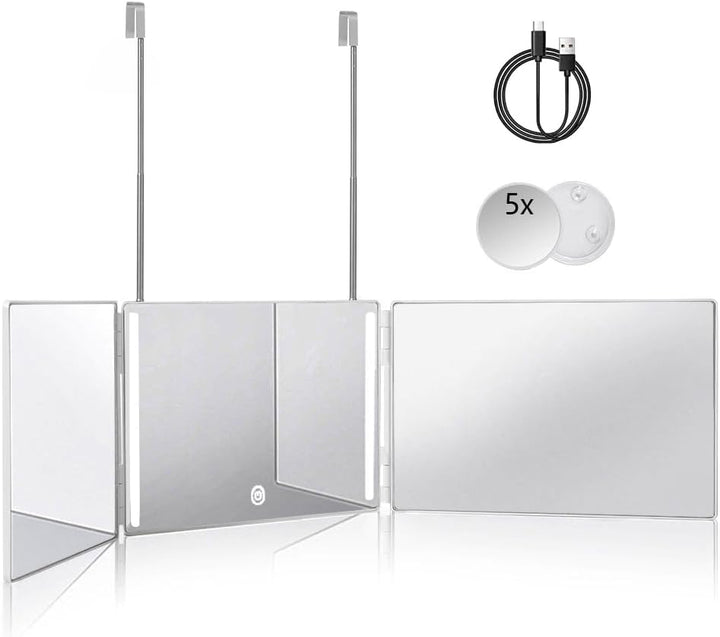 3 Way Mirror for Hair Cutting,360 Trifold Mirror with Height Adjustable Telescoping Hooks,And 5X Magnification,For Makeup, Hair Styling