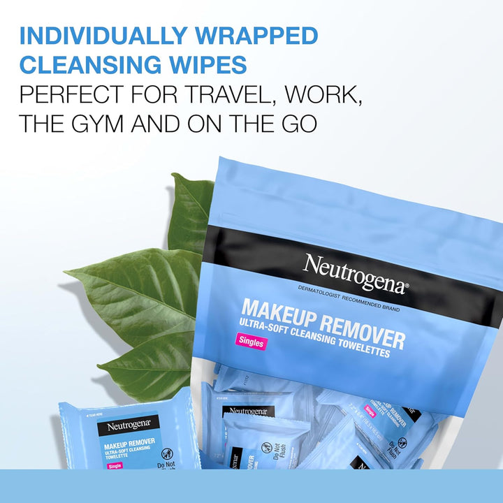 Makeup Remover Wipes Singles, Individually Wrapped, Daily Facial Cleanser Towelettes, Gently Removes Oil & Makeup, Alcohol-Free, 20 Ct