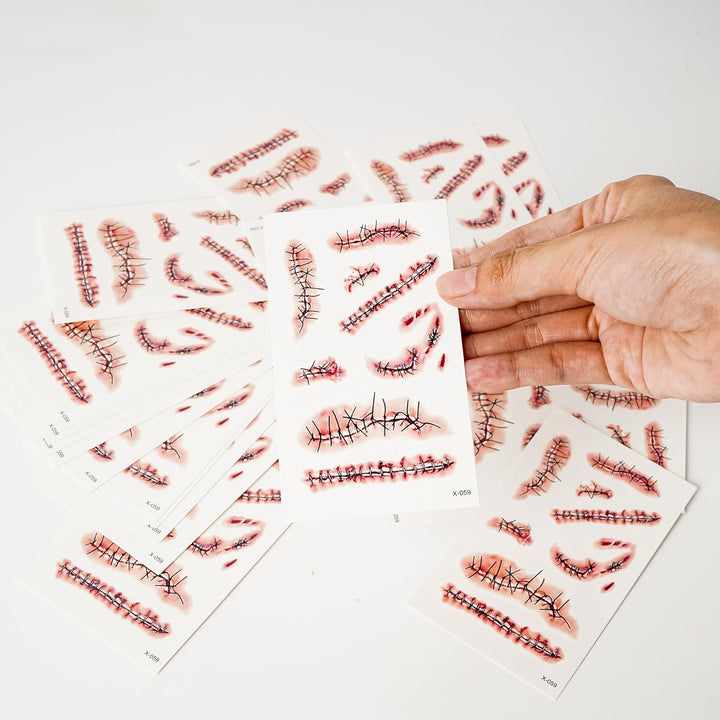 20 Sheets Halloween Zombie Temporary Tattoos -  Chucky Scar Fake Blood Tattoos Waterproof Realistic Stitches Wound Temp Tattoo for Chucky Cosume Prank Makeup Cosplay Kids Men Women Adults