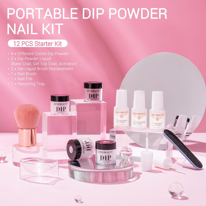 Dip Powder Nail Kit,4 Colors Nude Pink Glitter Hues,Starter Set for French Nails & All Seasons,Includes Base Coat, Top Coat, Activator & DIY Salon Liquids