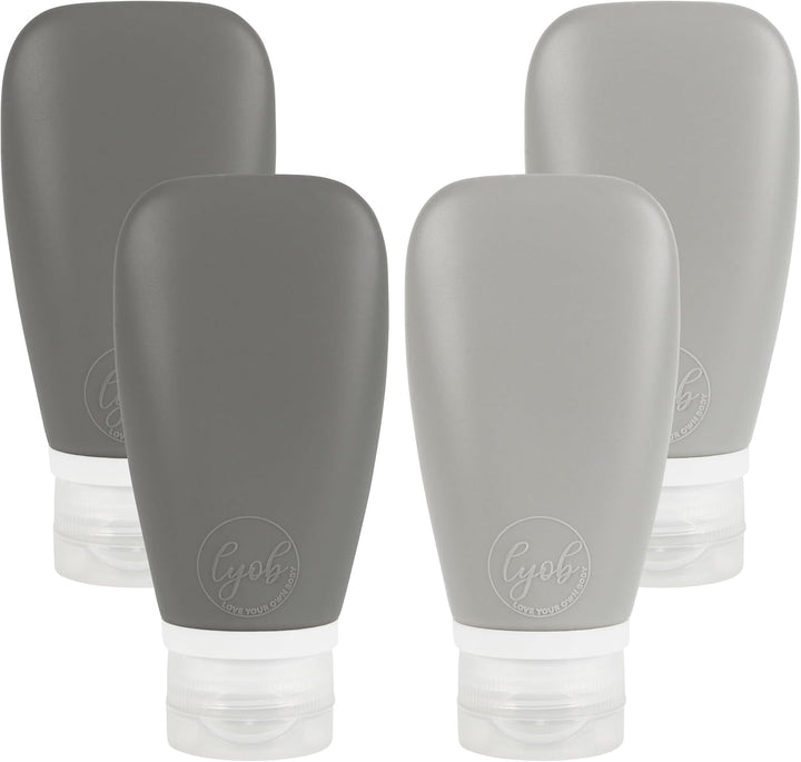 Travel Bottles for Toiletries, TSA Approved 3Oz (90Ml) Leak Proof Silicone Refillable Squeeze Travel Size Containers BPA Free for Cleansers, Lotions, Shampoo 3-Pk (Black-Gray-White)