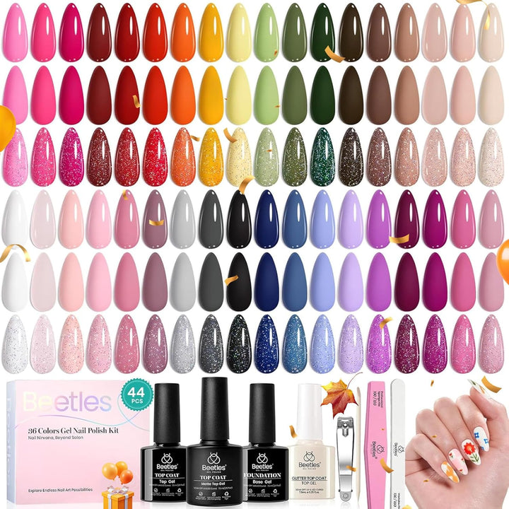 44Pcs Fall Gel Nail Polish Set 36 Colors Brown Burgundy Red Blue Purple Orange Green Black Nude White with Base Top Coat UV LED Needed Salon DIY at Home Gift for Women Colorful Muse
