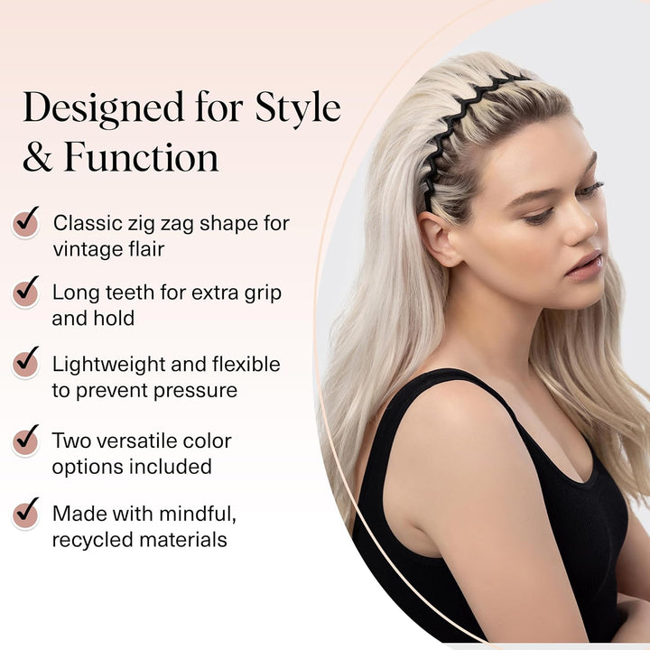 Zig Zag Headbands for Women Non Slip – Fashion Accessories for Slicked Back Styles - Comfortable Comb Headband with Teeth | Ideal Gifts for Women - Tortoise & Black Headband - 2 Pcs