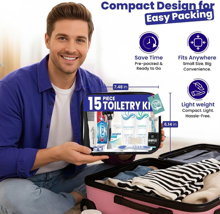 Travel Toiletry Kit for Men and Women – 15 Piece Set of Travel Size Toiletries, TSA Compliant, Includes Shampoo and Conditioner, Body Wash, Toiletry Bag & More