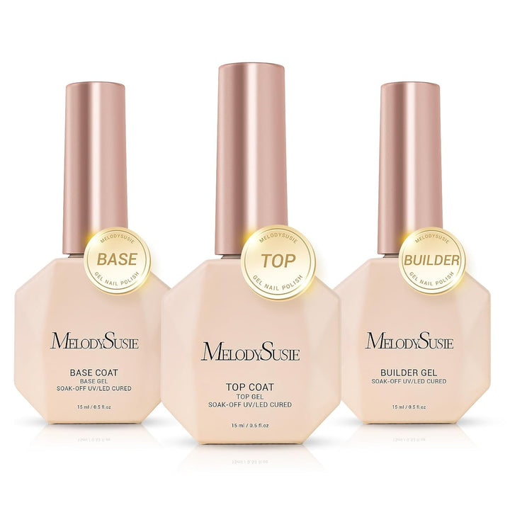Top Coat Builder Gel Base Coat No Wipe Glossy Set Long Lasting Shine Finish Soak off UV LED Nail Lamp Nail Polish Art Design Manicure Kit Perfect Gifts for Women Girls 3 Pcs 15Ml Clear