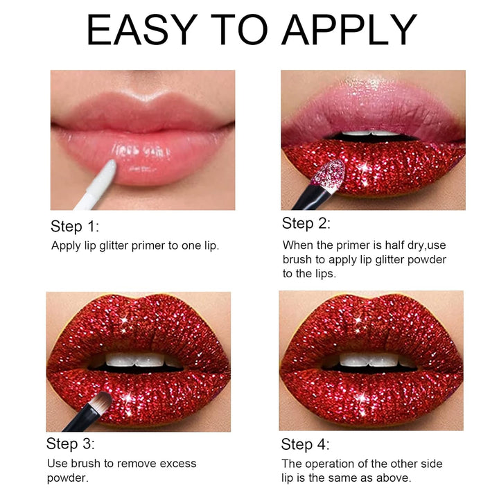 3 Colors Glitter Lip Kit, Diamond Metllic High Pigmented Powder for Lips Cosmetics, Glitter Lips Makeup,With Lip Primer and Brush, Long Wear-Set D