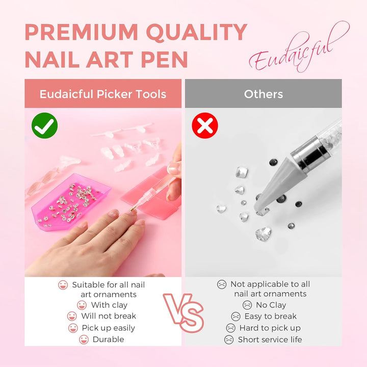 Rhinestone Picker Tool Kit: 2Pcs Rhinestone Picker Handle, Dual-Ended Rhinestones Applicator Dotting Pen with 12 Upgraded Plastic Replacement Tips, Clay, Bedazzling Tools for Nail Art Craft