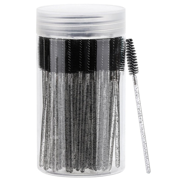 100 Pcs Disposable Mascara Wands, Crystal Eyebrow Spoolies Brush for Eyelash Extensions, Pink Lash Brushes with Container