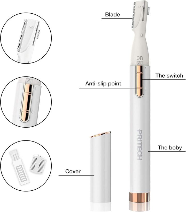 Electric Eyebrow Trimmer - Facial Hair Remover for Eyebrows, Face, Chin, Neck & Upper Lip - Painless Precision Shaver with Comb & Replaceable Blades - Battery Powered & Portable for Peach Fuzz & Body