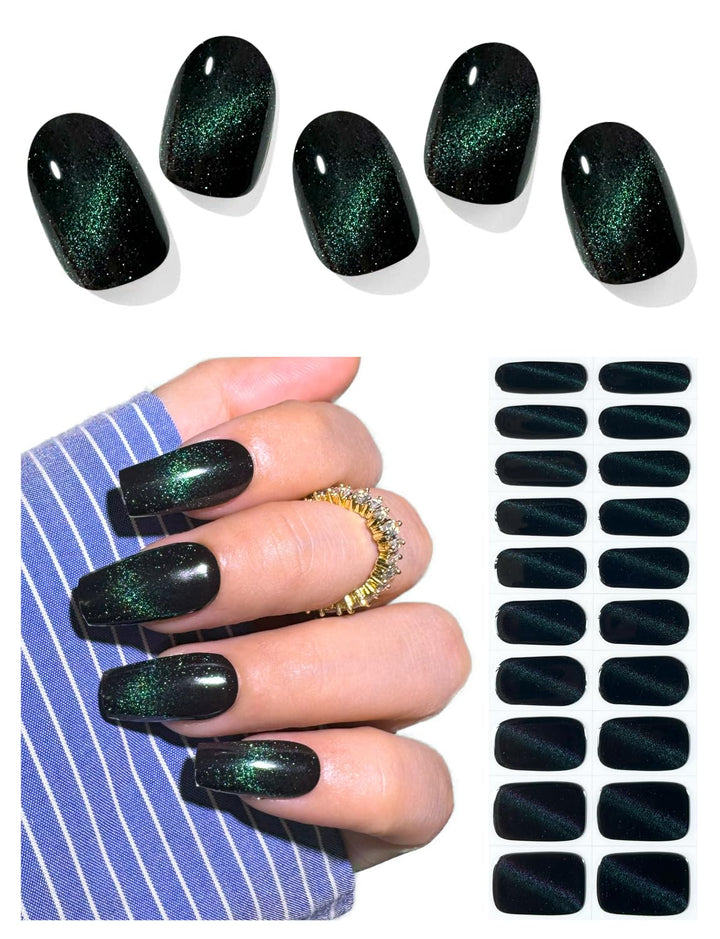 Semi Cured Gel Nail Strips (Deep Plum Cat Eye), Dark Purple, 20 Pcs Gel Nail Wraps, Stickers, UV Light Required, Salon Quality, Long Lasting