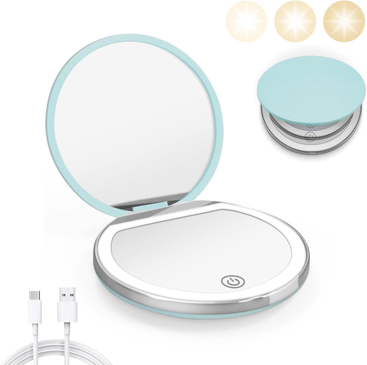 Compact Mirror with Light, 1X/3X Magnification LED Pocket Mirror with USB Data Cable,Mini Mirror for Purse, Pocket,Travel and Present (Pink)