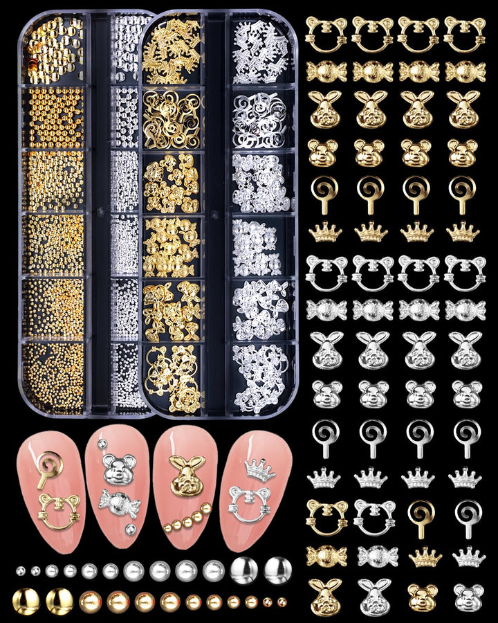2 Boxes Gold Star Nail Gems Charms, Metal Starshine Studs, Silver Golden Micro Caviar Beads, DIY Accessories for Nail Art