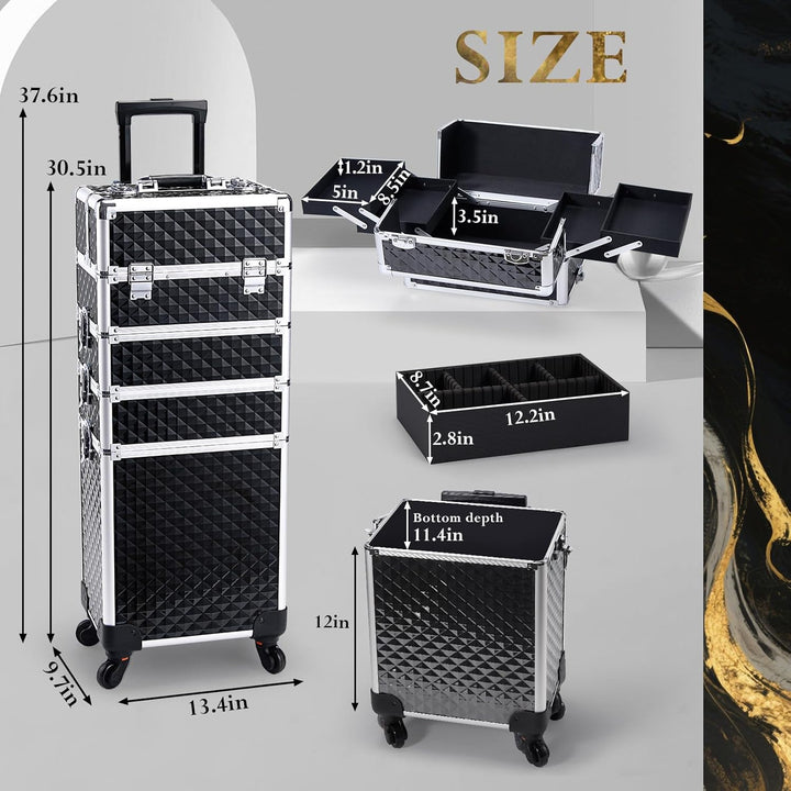 Rolling Makeup Case Cosmetology Case on Wheels 4 in 1 Large Cosmetic Organizer Train Case Makeup Travel Case with Key Swivel Wheels Nail Artist Salon Storage Traveling Cart Trunk Black