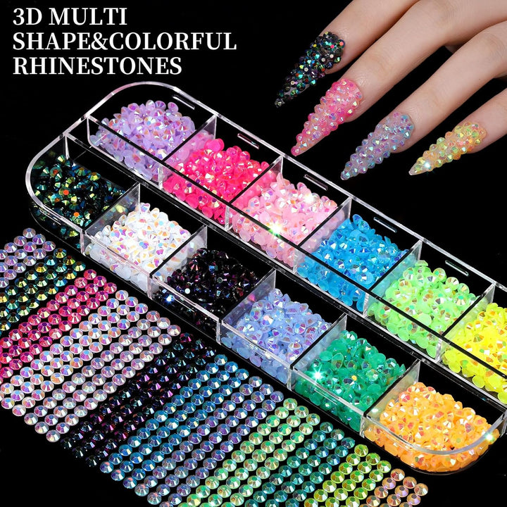 Nail Charms, Nail Rhinestones Kit with 8 Boxes of Nail Gems, 3D Charms for Nails, Colorful Clear Flatback Rhinestones, Multi Shape Pearls Jewels Crystals for Craft