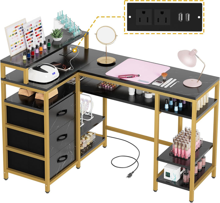 L Shape Nail Desk for Nail Tech - Spacious Manicure Table with Built-In Charging Station, Marbling Texture Manicure Station for Home, Beauty Salon Spa