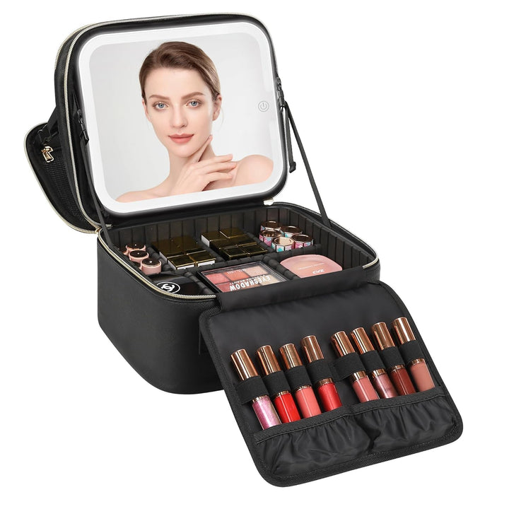 Travel Makeup Bag with LED Mirror, Cosmetic Train Case with Light up Mirror, Portable Makeup Artist Organizer Bag with Adjustable Dividers, Makeup Brush Holder Storage, Black
