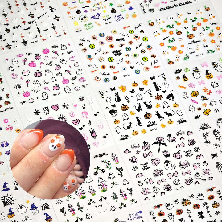 30 Sheets Halloween Nail Stickers for Women Girls & Kids,Cute Ghost Pumpkin Spider Nail Decals Bat Cat Skull Stickers for Nails Design 3D Self-Adhesive Halloween Nail Art Supplies,Diy Manicure Decor