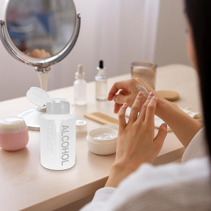 9Oz Gray with Word Imprint Push down Pump Dispenser Empty Refillerable Bottle with Flip Top Cap - for Nail Polish, Travel, Cosmetics Packaging