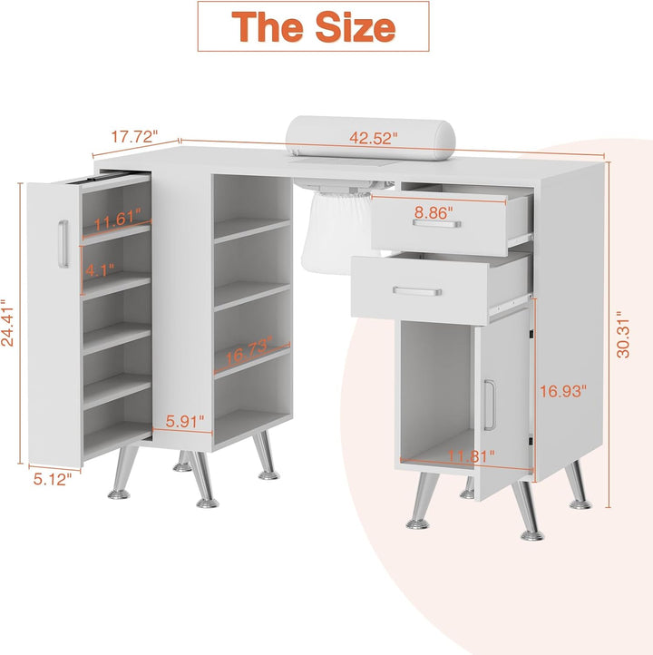 42'' Manicure Table for Nail Tech with Electric Dust Collector and Wrist Rest, Nail Desk with Vertical Pull-Out Locker, 1 Storage Cabinet, 2 Drawers, 4-Tiers Open Shelves, Beauty Salon Workstation