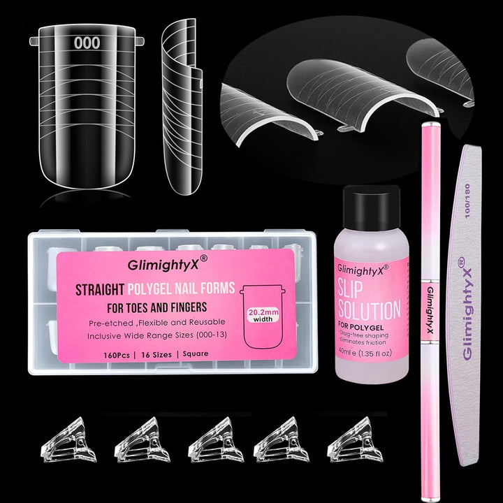 Straight Flat Polygel Nail Forms for Finger and Toes, Pre-Etched No File Dual Forms Molds for Large Wider Normal Petite Finger &Toe Nail Beds,16 Sizes 000 to 13