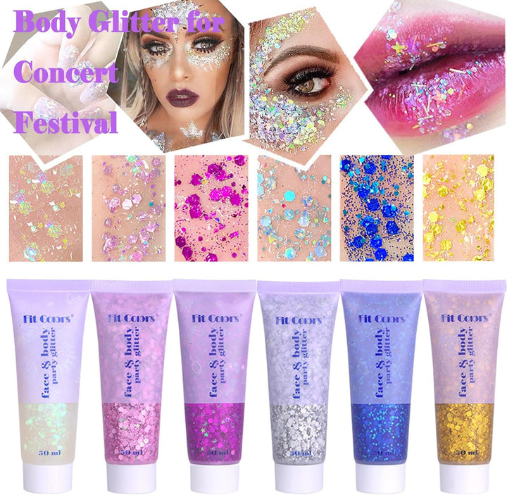 Body Glitter Face Glitter Gel: Singer Concerts Disco Festival Rave Accessories Face Glitter Makeup 150Ml Chunky Sequins Mermaid Face Body Hair Glitter Gel (White&Silver&Pink)