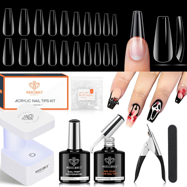 Gel Nail Kit, Fake Nails Long Coffin, 9-In-One Glue Prep Dehydrator & Portable Mini U V Light Acrylic Clipper, 500Pcs Coffin Tips for Extension Kit DIY Salon Home Gifts for Women
