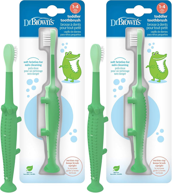 Toddler Toothbrush, Dinosaur, Green and Orange, 2-Pack