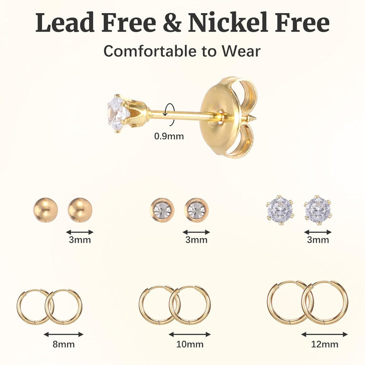 Disposable Ear Piercing Kit with 6 Piercing Guns, 3 Pairs of Earrings, Mark Pen, Iodophor Swabs, Cartilage Jewelry Studs & Accessories, Easy at Home Use (Gold)