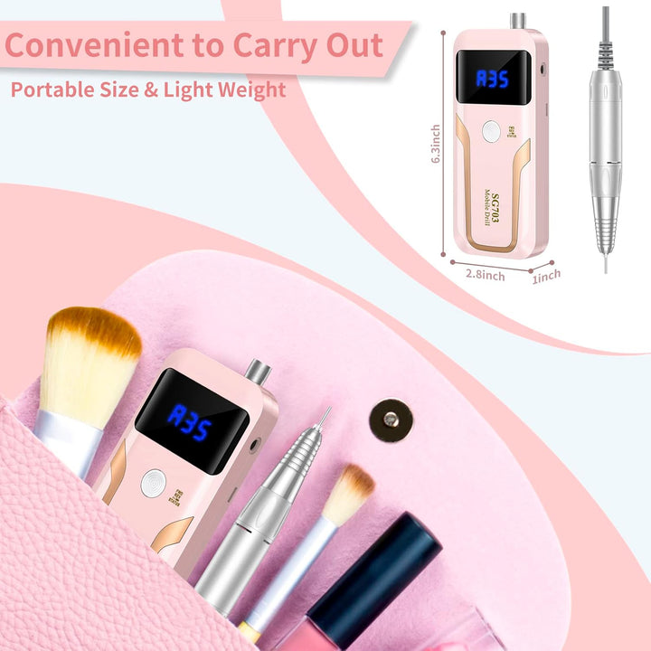 Portable Nail Drill Professional 35000 RPM,  Rechargeable Electric Nail File Machine E File for Acrylic Gel Polishing Removing, Cordless E-File with Bits Kit for Manicure Salon Home, Pink
