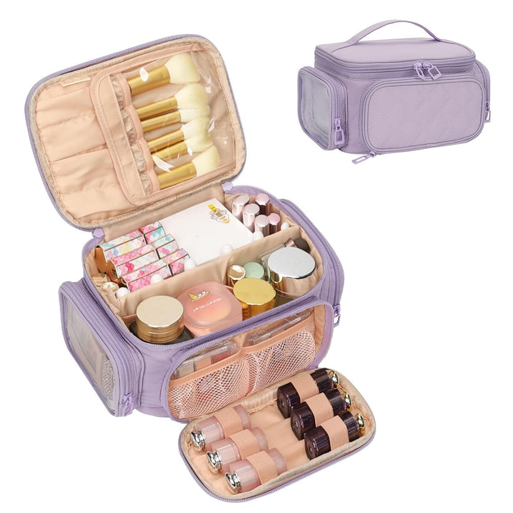 Makeup Bag, Portable Cosmetic Bag, Large Capacity Travel Makeup Case Organizer, Black for Women Toiletry Bag for Girls Traveling with Handle and Divider