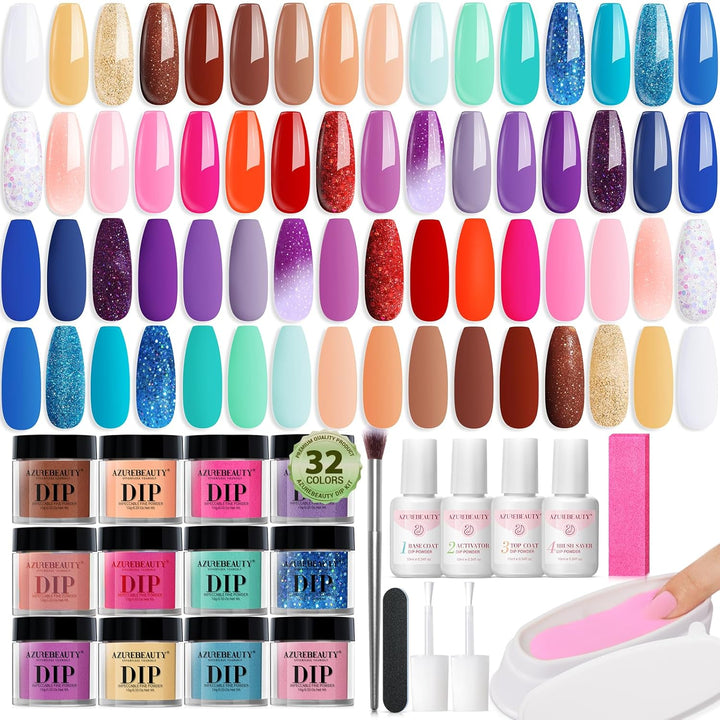 42Pcs Dip Powder Nail Kit Starter, 32 Colors Green Nude Brown Blue Christmas Dipping Powder Set with Top/Base Coat & Recycling Tray for French Art Manicure Salon
