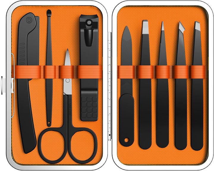 Tweezers Set,9 Pcs Professional Stainless Steel Tweezer Kit-Great Precision Eyebrow Tweezers for Ingrown Facial Hair with Leather Travel Case as Stocking Stuffing Gifts