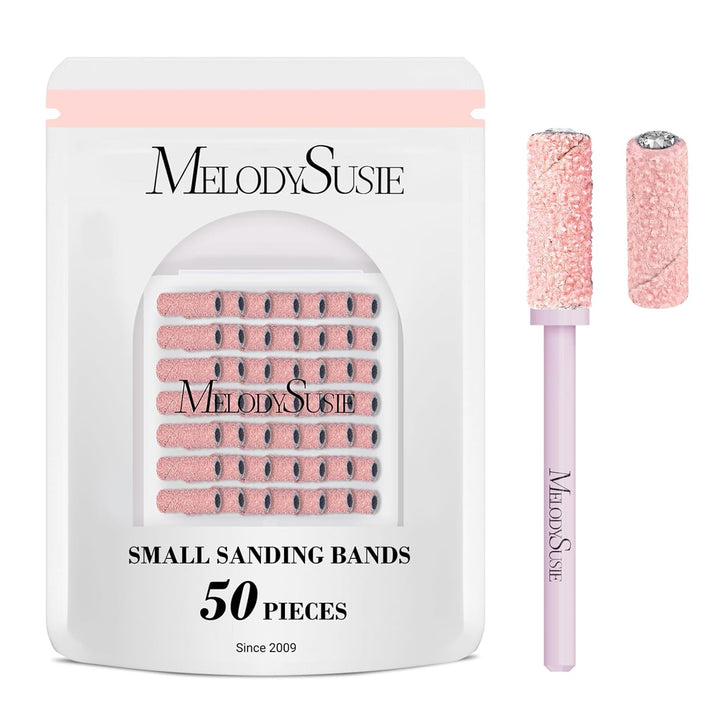 50 Pcs Nail Drill Bits Small Sanding Bands with 3.1Mm Mandrel Bit, 180 Fine Grit Nail File for Acrylic Nails Gel Manicures and Pedicure, Pink