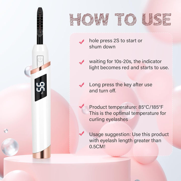 Heated Eyelash Curler for Women, Electric Lash Curler with 10S Fast Heating, 4 Adjustable Temp (65°C-95°C), 24H Curl, USB-C Rechargeable, Ergonomic Design, Travel-Friendly Makeup Tool Gift