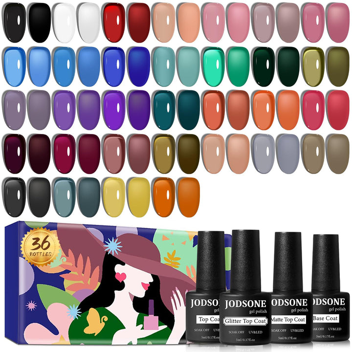 36 PCS Gel Nail Polish Set-32 Colors Gel Polish Kit Base Coat Glossy Matte and Glitter Top Coat Nail Polish Set Green Blue Red Pink Collection Gifts for Women