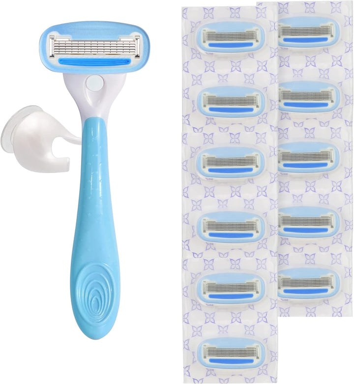 5-Blade Razor Handle for Women, Includes 12 Cartridges and Shower Hanger, 14 Piece Set, Blue