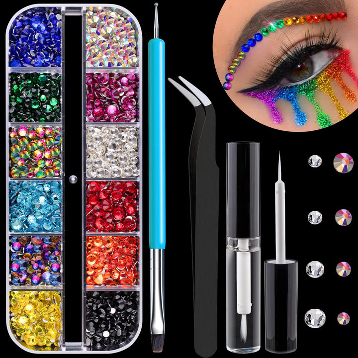 Flat Back Rhinestone Kits Colorful Rhinestones+Crystal Ab&Transparent White Face Gems Nail Gem with Quick Dry Makeup Glue+Picker Pencil+Tweezer for Bedazzling Face Makeup and Nail Art