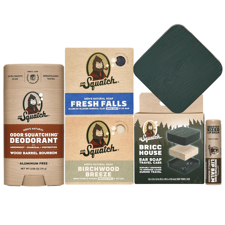 NEW Bricc House Travel Pack - Soap Travel Case + Birchwood Breeze, Fresh Falls Soap + Wood Barrel Bourbon Deodorant + Vanilla Bourbon Lip Balm - Full Routine Natural Men'S Care Kit
