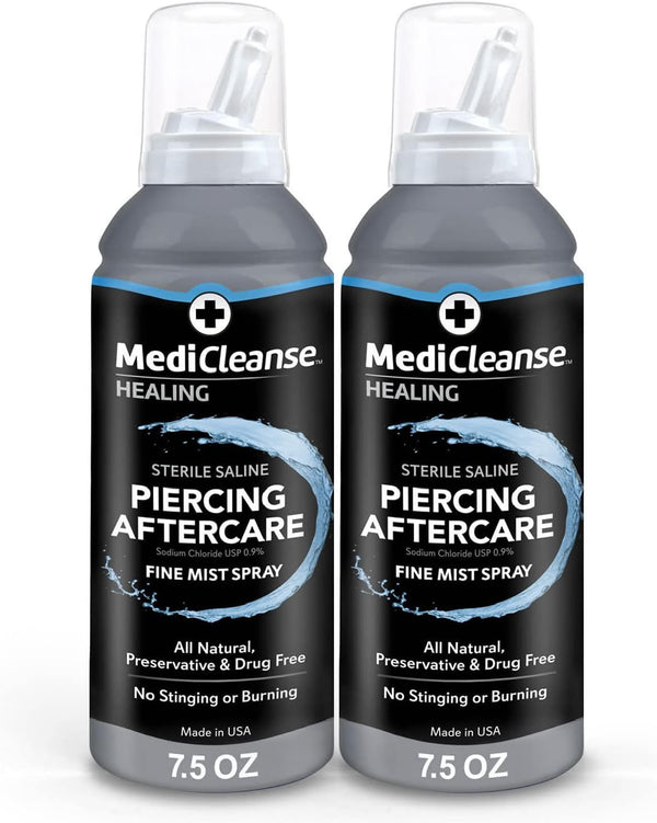 Sterile Saline Piercing Aftercare Fine Mist Spray, 7.5 Ounce, All Natural, No Alcohol, Vegan Friendly, for Piercings and Tattoos, Made in USA, Pack of 2