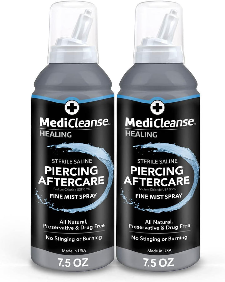Sterile Saline Piercing Aftercare Fine Mist Spray, 7.5 Ounce, All Natural, No Alcohol, Vegan Friendly, for Piercings and Tattoos, Made in USA, Pack of 2