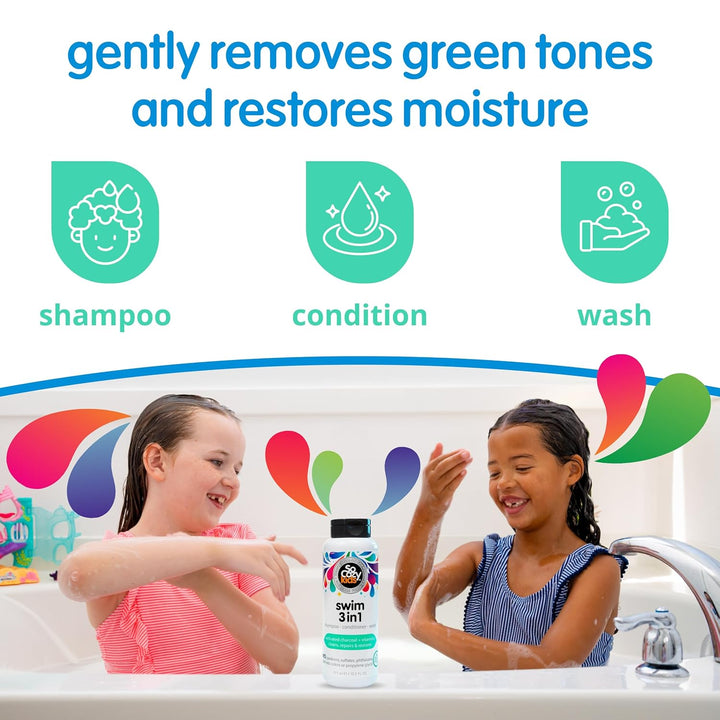 Kids Swim 3-In-1 Shampoo, Conditioner & Body Wash - 3-In-1 Combo Pool Shampoo & Conditioner for Swimmers - Salt & Chlorine Removing Activated Charcoal