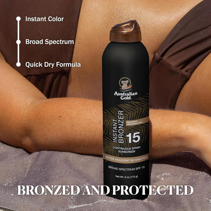 Continuous Spray Sunscreen with Instant Bronzer SPF 15, Immediate Glow & Dries Fast, Broad Spectrum, Water Resistant, Non-Greasy, Oxybenzone Free, Cruelty Free, 6 Ounce