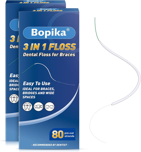 Dental Floss for Braces, 3 in 1 Ultimate Floss, Floss Threaders for Bridges and Implants, 80 Pre-Cut Strands (Pack of 2)